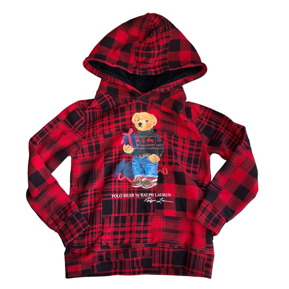 Polo Ralph Lauren Hoodie Kids Size 7 Red Plaid Excellent Polo Bear Patchwork